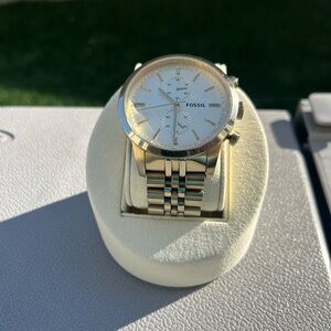 Fossil Men’s Gold Tone Chronograph Watch Stainless Steel Bracelet White Dial